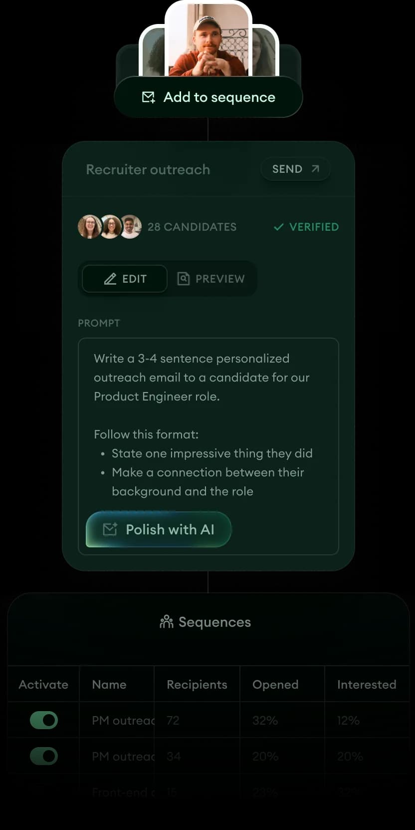 Metaview outreach product UI showing sequence builder and performance dashboard